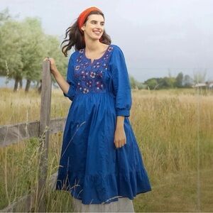 Gudrun Sjödén Blue Embroidered Floral Midi Dress Boho Cottagecore lagenlook Med